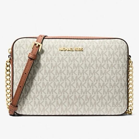 Michael Kors Jet Set Large Logo Crossbody Bag in Vanilla w/ Gold Hardware NEW - Picture 1 of 6